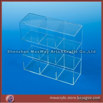 Transparent 3 tiers rectangle polished acrylic/PMMA container/vessel/receptacle with 9 box/bin